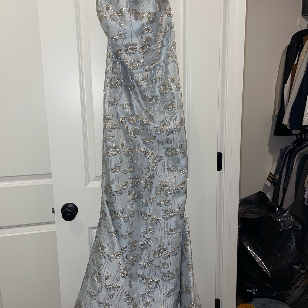 Nicole Bakti Light Blue and Gold Asymmetrical Strapless Gown - Size 8